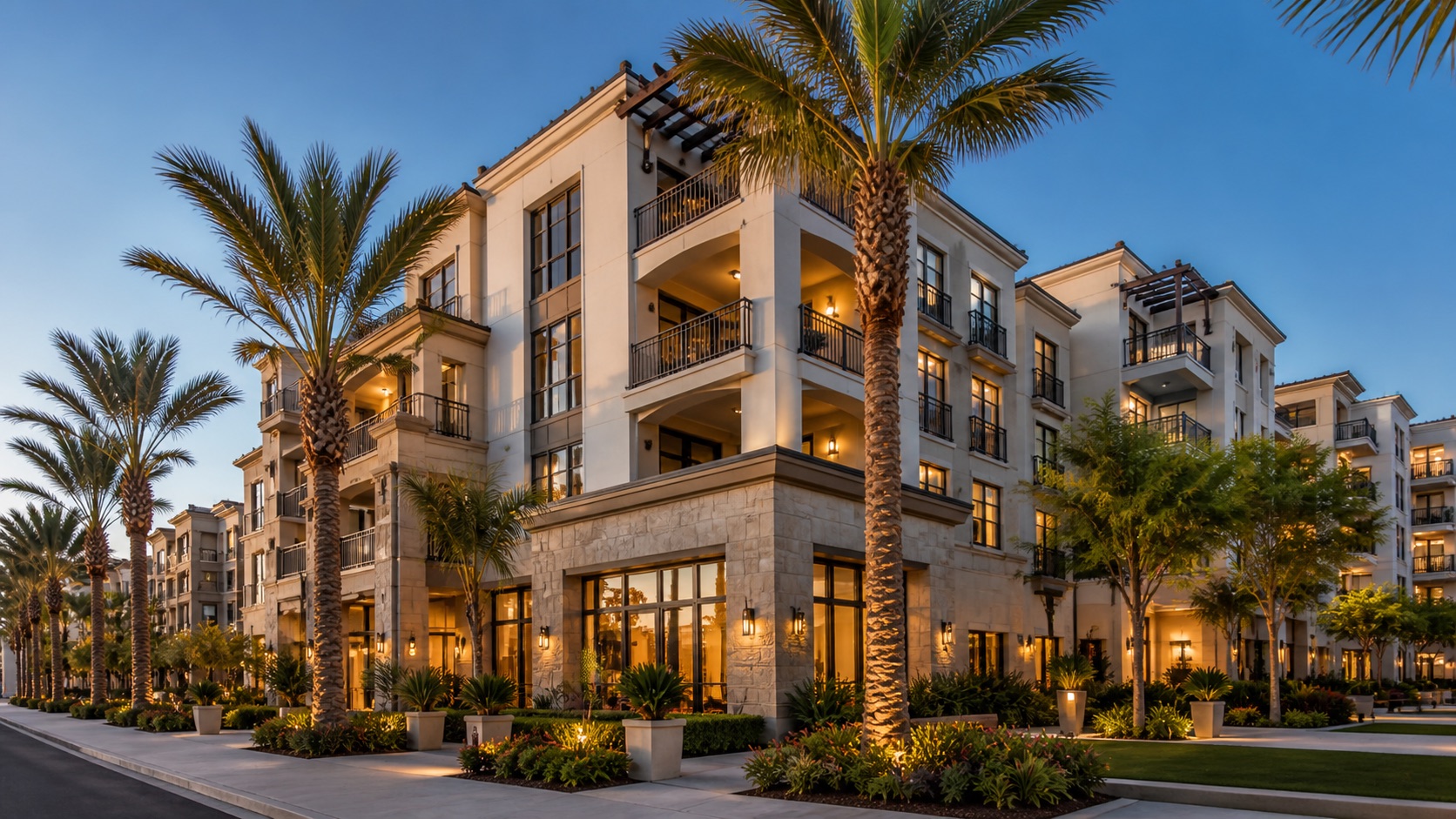 Upscale apartment community with palms and balconies